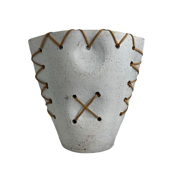 Vintage Minimalist Asian Pottery Vase 7 3/4" White Ceramic with Woven Rattan - Picture 3 of 10